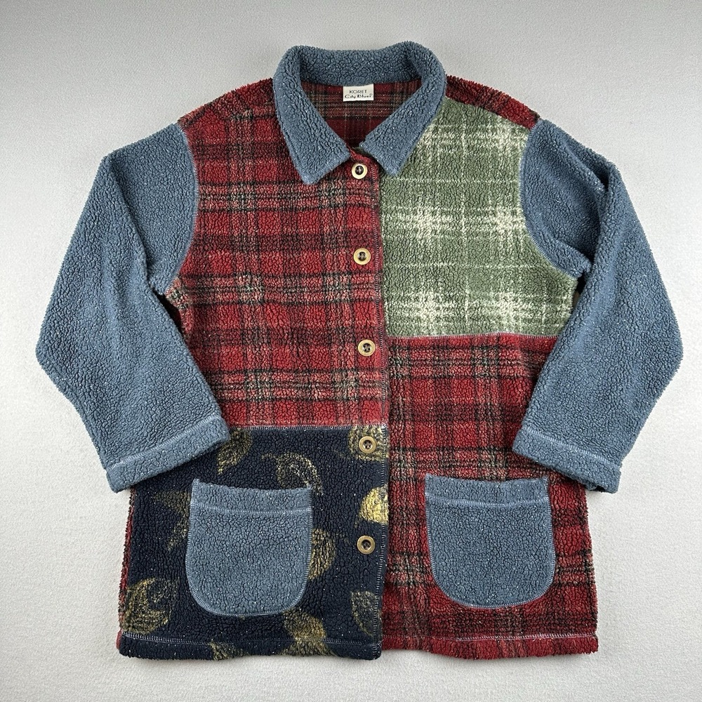 Vintage Cottagecore Fleece Jacket Patchwork Chore Women's 90s Button Up Plaid